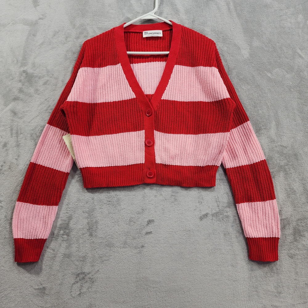 NEW No Boundaries Cardigan Sweater Juniors M Red Pink Stripe Cropped Button Knit